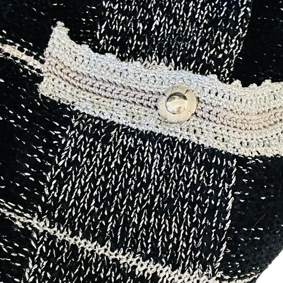 VINTAGE Black & White Plaid Silver Sparkle Cardigan Sweater SZ Small - Picture 5 of 12